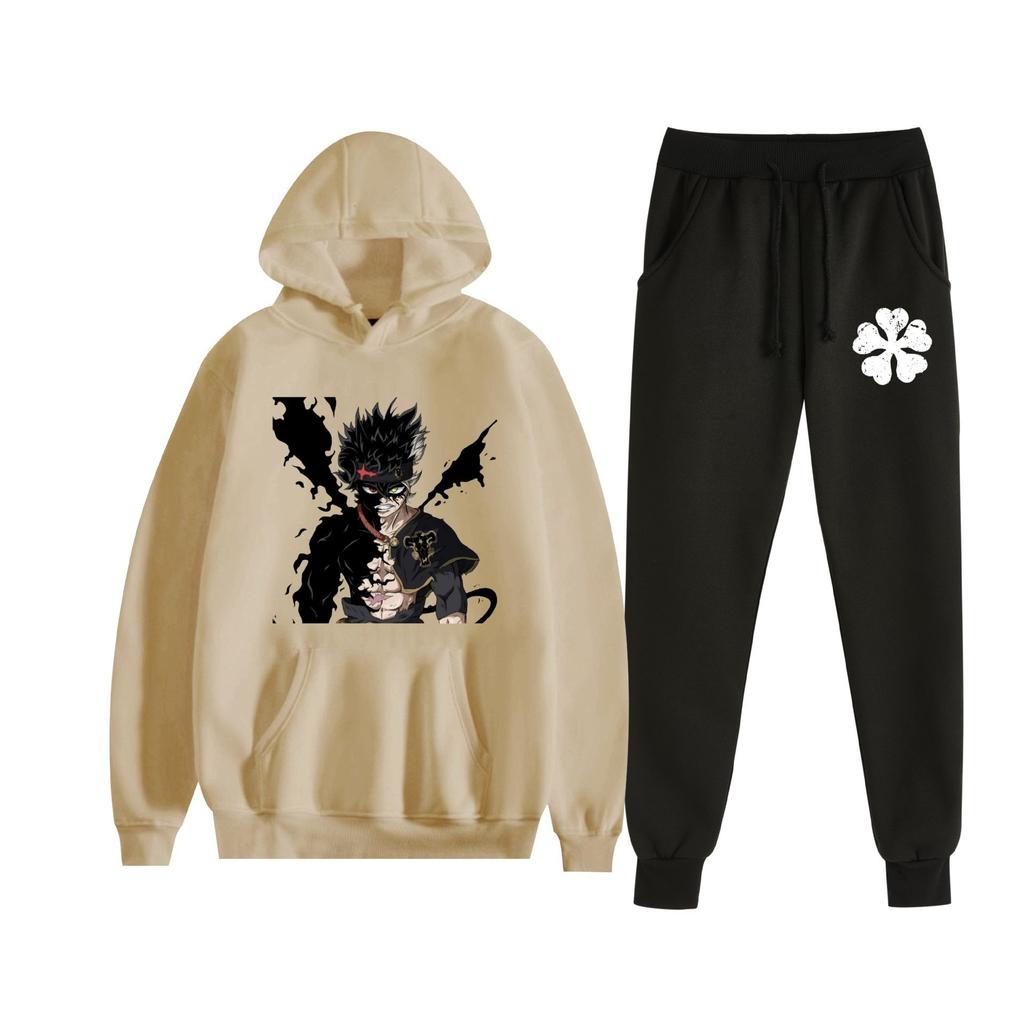 Europe, America, Autumn and Winter Black Four-leaf Clover Peripheral Two-dimensional Men's and Women's Leisure Sports Fleece Hooded Sweater Set 