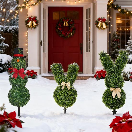 Árvore Topiária de Boneco de Neve de Natal Forma de Coelho Estaca Topiária Artificial Decoração de Arbustos e Plantas Artificiais para Jardim Interno Externo Varanda