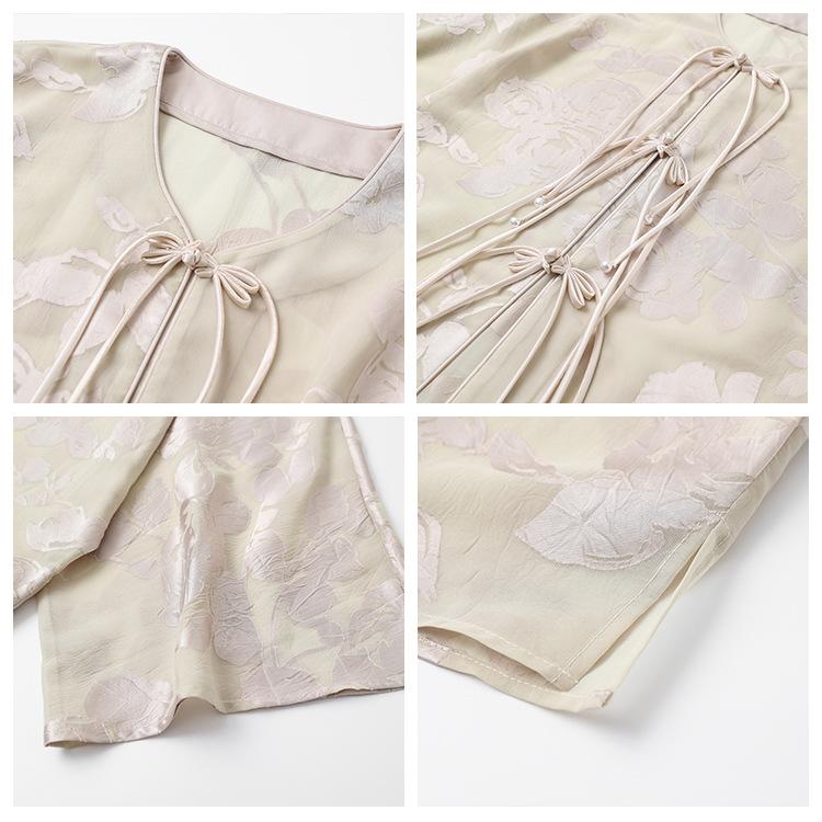 Popular new Chinese style flower branch printing disc button human silk shirt light luxury loose trousers set M1171