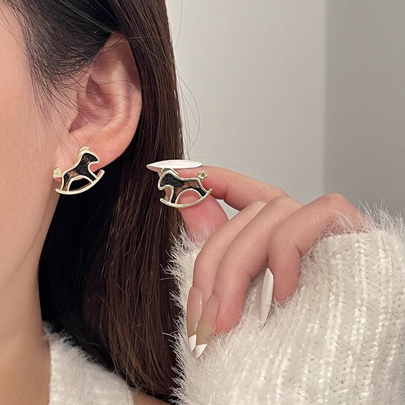 Silver Needle Gold Leopard Print Rocking Horse Stud Earrings - Cute, Trendy, and Versatile.