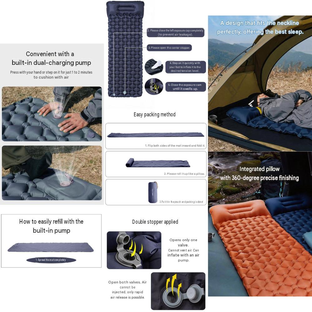 1-person self-inflating mattress, ultralight, suitable for camping, car camping, and outdoor use. Connectable air mattress. Includes storage pouch