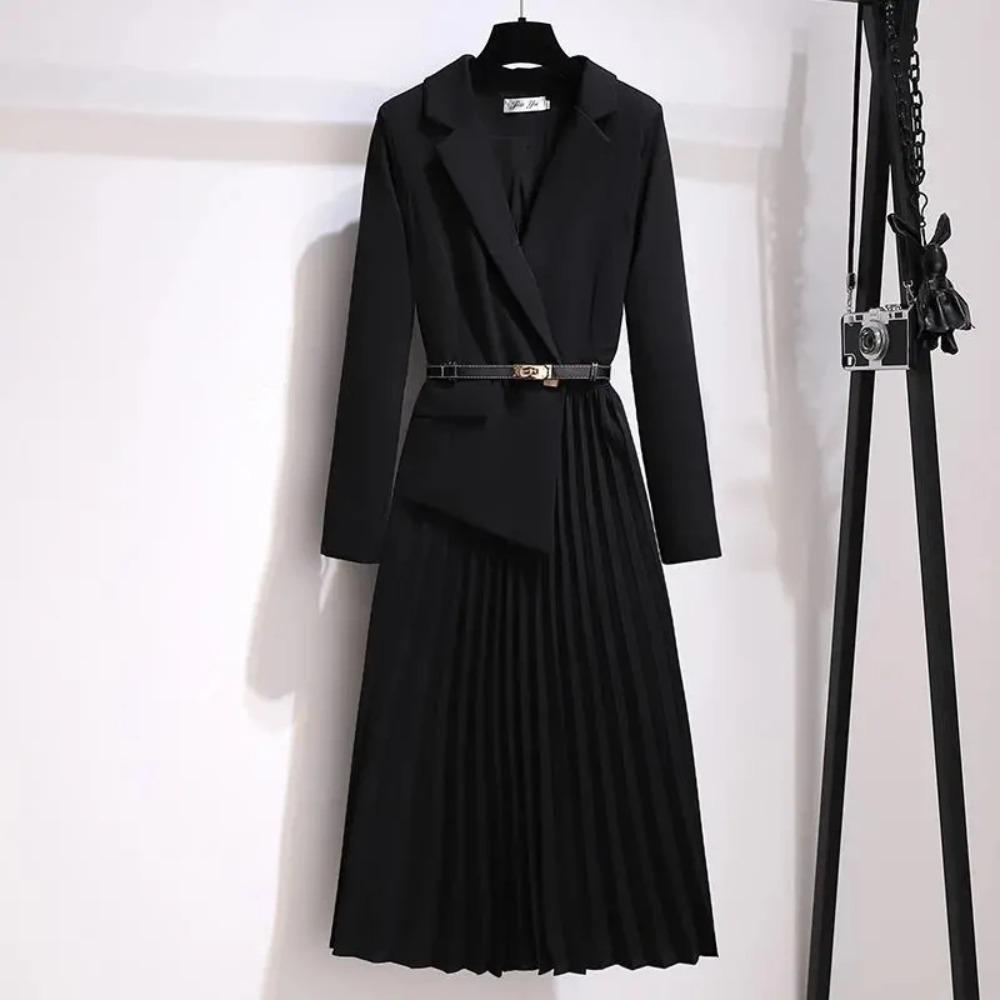 

Women s Dresses Fashion Suit Collar Stitching Fake Two-Piece Elegant Lady Office Long Dress Vestidos XXL чорний