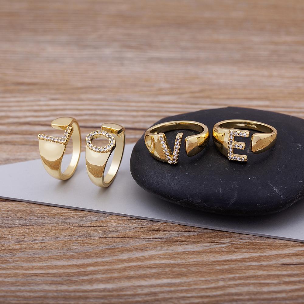 AIBEF New  A-Z Letter Gold Color Metal Adjustable Opening Ring Initials Name For Women Finger Rings Party Crystal Jewelry