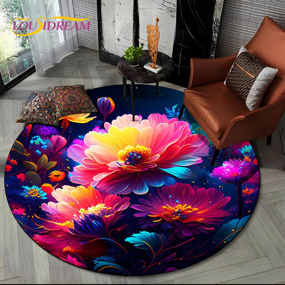Luxuriöser Sonnenblumen 3D Rosen Nordische Gänseblümchen Runder Teppich Teppich für Wohnzimmer Schlafzimmer Sofa Dekor, Kinderbereich Teppich Rutschfeste Bodenmatte Geschenk