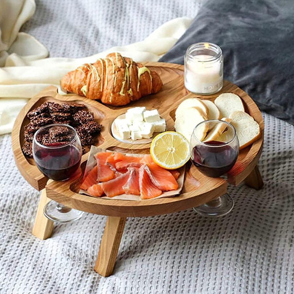 Wooden Outdoor Portable Folding Wine Picnic Table Camping Cheese Board Tray Foldable Snack Table Wine Rack Tourist Fruit Table