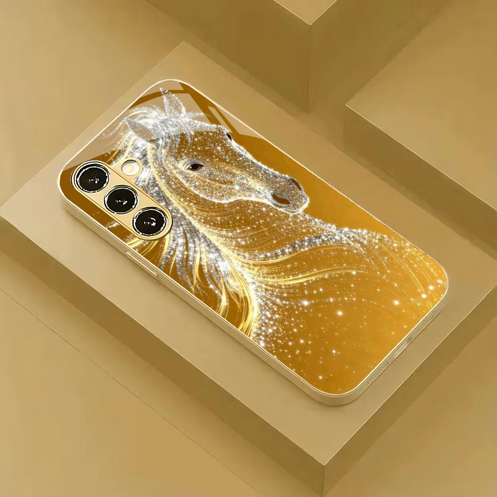 Golden Horse Pattern Tempered Glass Phone Case Suitable for Samsung Galaxy S26 S25 S24 S23 S22 S21 S20 FE/Ultra/Plus5G Anti Drop