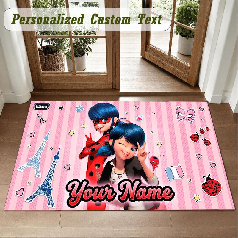 Crystal Velvet Square Rug Custom NameMiraculous Ladybug Pattern Non Slip Home Floor Decor Rug