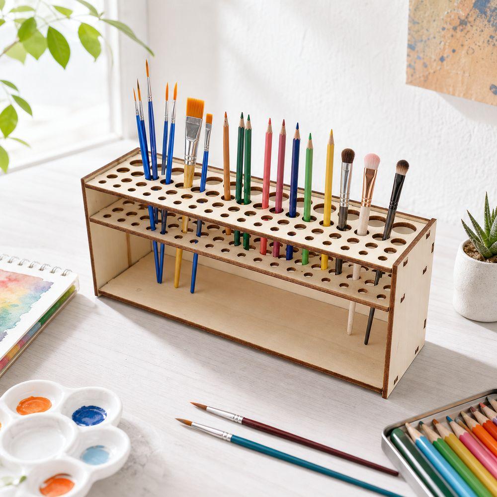 Multi Hole Paintbrush Organizer Wooden Brush Storage Rack New Pencil Holder Desk Organization