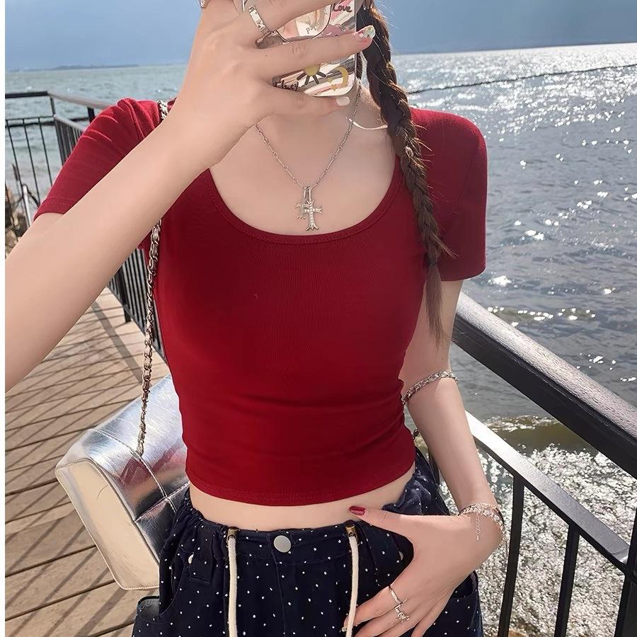 Red U-neck short-sleeved front-shoulder T-shirt women's summer new simple Spice Girl fashion slim-fitting short top