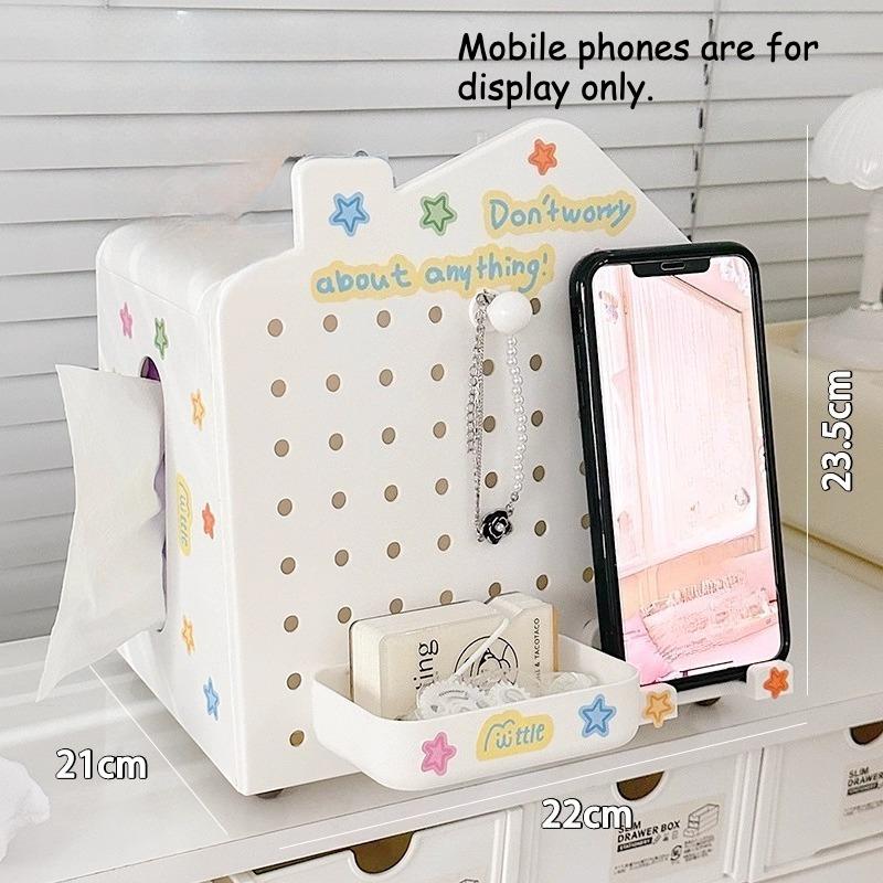 Kawaii Small House-shaped Desktop Storage Box Multi-functional Pegboard with Tissue Box Desktop Stationery Students Supplies New