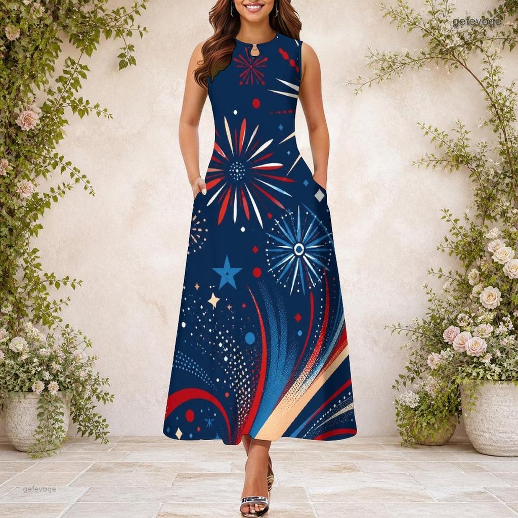 Women Plus Size Keyhole Neck Sleeveless Printed A Line Maxi Dress