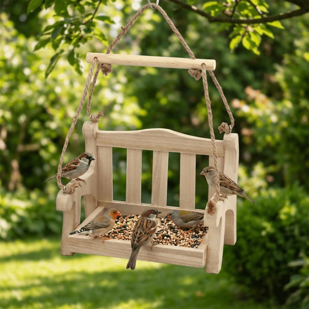 Chair Design Bird Feeding Station Wooden Bird Food Container  Outdoor Garden Decor