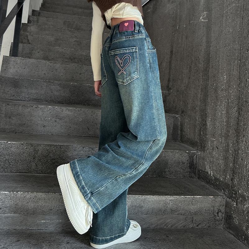 Weite Jeans für Teenager-Mädchen Frühling Koreanisch Lässig Retro Blaue Denim-Hose Mode Elastische Taille Hose für Kinder