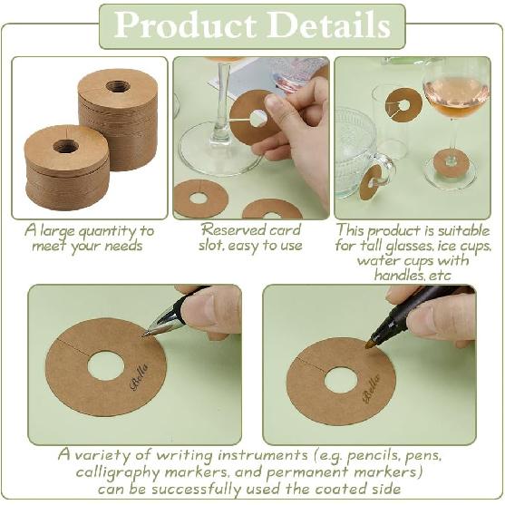 FINGERINSPIRE 200 Pcs Paper Drink Name Tags for Wine Glasses 2inch Round Tan/White Color Wine Glass Marker Blank Wine Glass Charm Cocktail Champagne