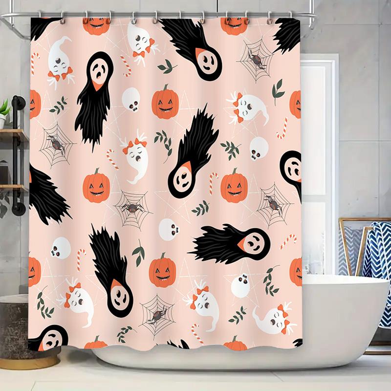 

Halloween-themed shower curtain with skull pumpkin ghost print decor for bathroom accessories black pink white orange 180x180cm 90x180cm