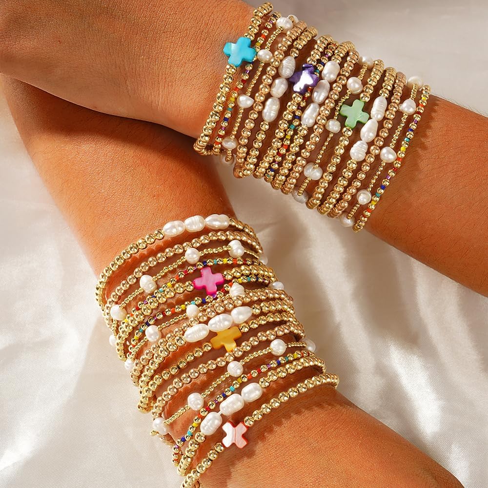 14K Gold Plated Pearl Beaded Cross Bracelets Stack Set for Women,Stretch Boho Colorful Christian Beads Ball Jewelry Friendship Summer Trendy Gift