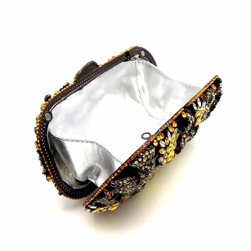 Floral Women Crystal Rhinestone Evening Bags Black Diamond Clutch Bag Wedding Bridal Clutches Gold Metal Handbag Purse Bags