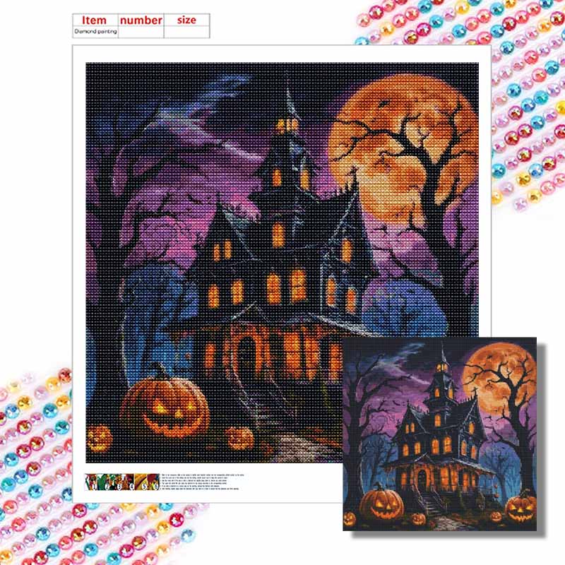 Diamond Painting Kit Halloween Mansion Pumpkin Pattern DIY Full Drill Canvas Art Relaxing Handmade Gift for Craft Lovers