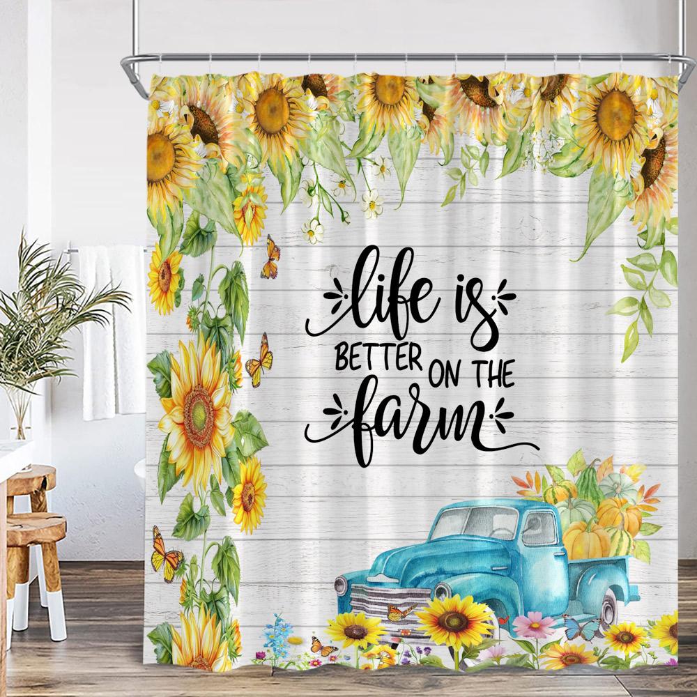 Sunflower Farmhouse Shower Curtain Farmland Truck Motivational Quote Floral Polyester Bath Curtain Country Bathroom Decorations
