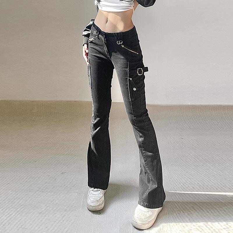 WTEMPO Značka Retro Street Hot Girls Styl Low Pas Micro Flare Jeans Osobnost Kapsa Ležérní kalhoty Ženy Micro Flare Kalhoty