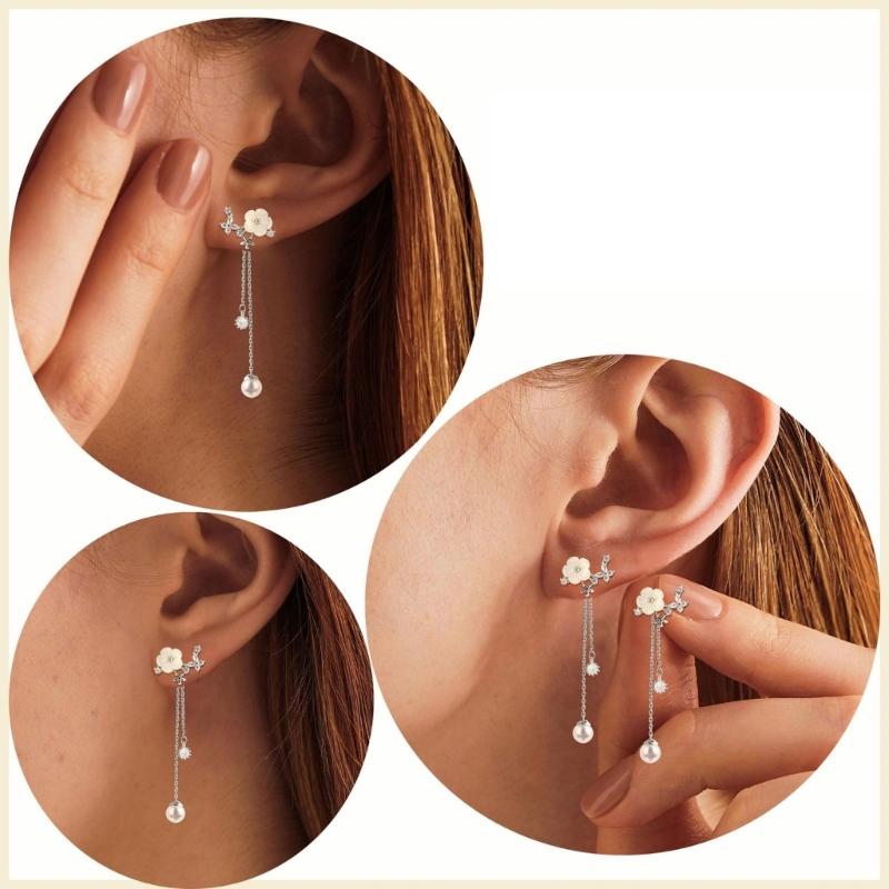 Delicate Flower Design Dangle Earrings With Simulated Pearls Chain Bridal Jewelry Glossy Gold or Silver Finish