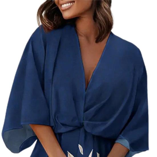 V-Neck Batwing Half Sleeve Layer Ruffle Hem Mini Dress Summer Casual Waist Drawstring Leaves Print Mini Dress Female Clothes