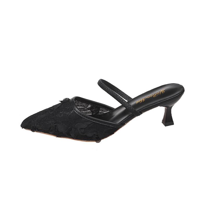 Versatile cool slippers 2025 summer new lace breathable pointed bag head half slippers women wear high-heeled cool slippers