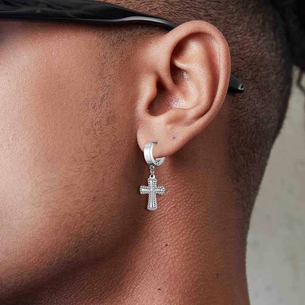 Stylish Cross Dangle Earrings for Men Boys,Stainless Steel Cross Huggies Hoop Earring,Trendy Jewelry Gifts