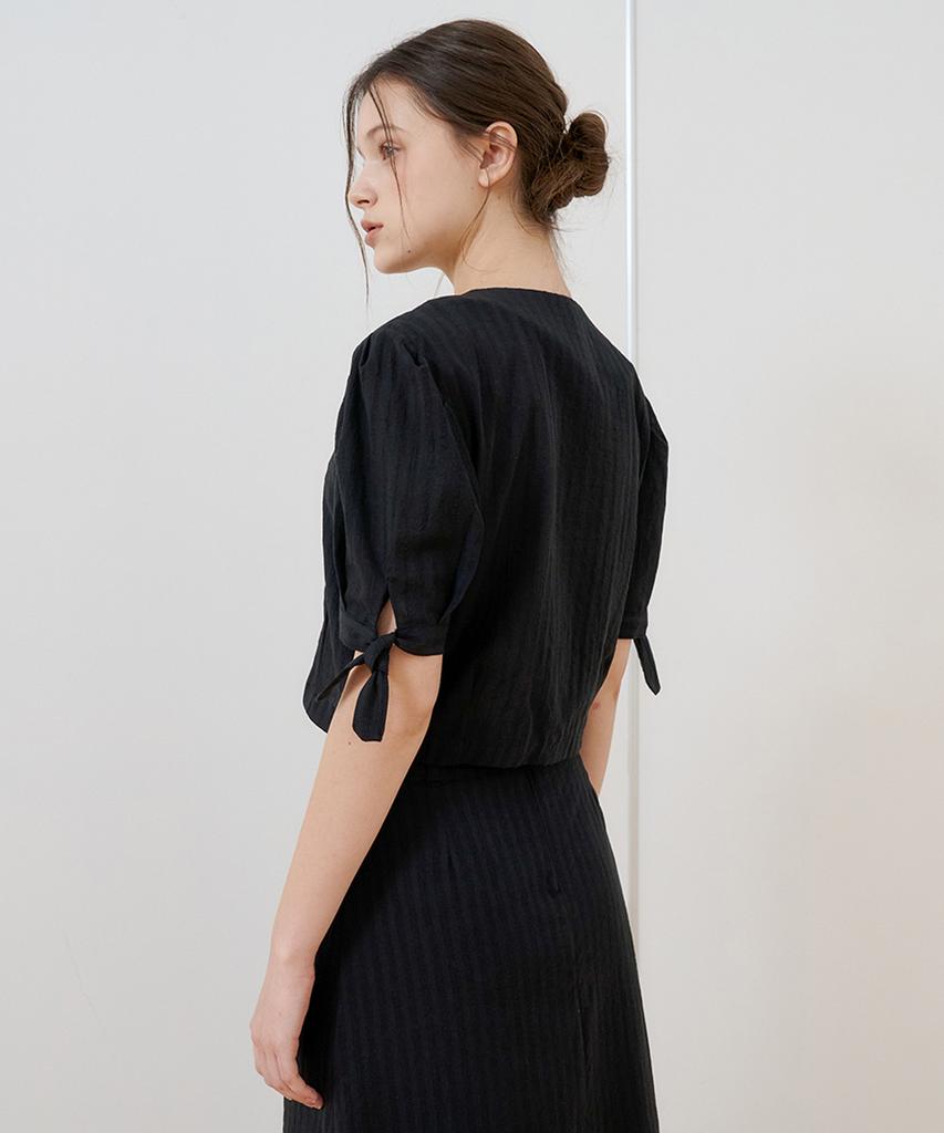 Bye Bye Seop [Set] Ribbon Sleeve Cotton Blouse + Long Skirt Black