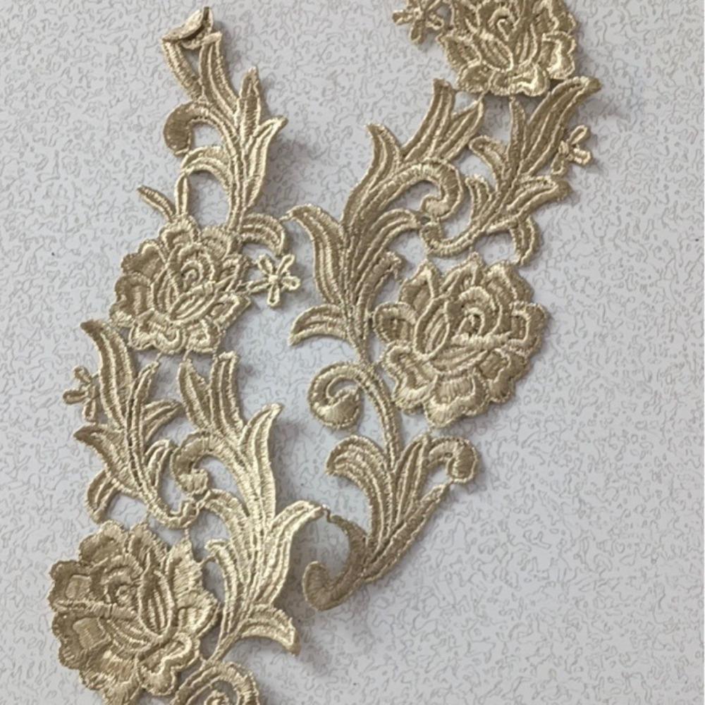 1Pair Fashion Polyester Lace Applique Gold Flower Embroidery Patch Lace Material Flower Patch Wedding Decoration