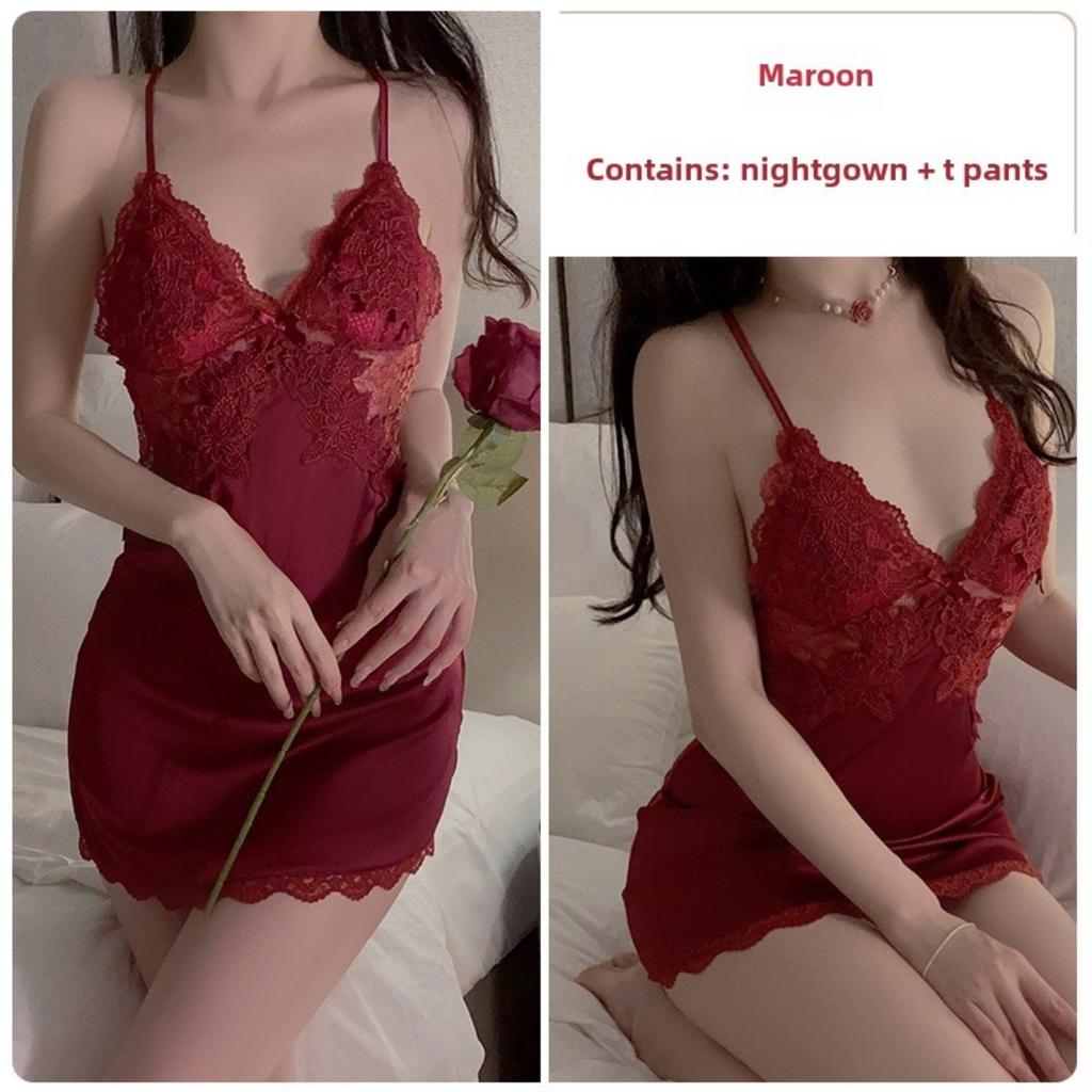 Süße Spitze Tiefes V Plus Brustpolster Sexy Neckholder Seidiger Satin Nachthemd Robe Hausset