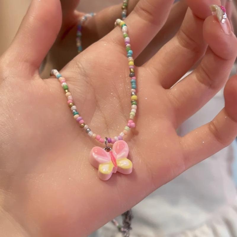 

Different girl colored butterfly beaded necklace female sweet children summer cute cartoon collarbone chain tide