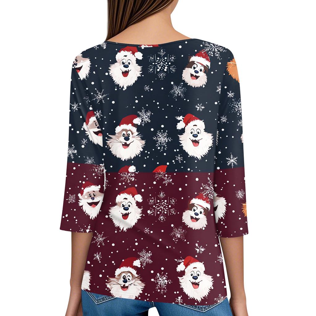 Women's T Shirt Tee Christmas Printed Button 3/4 Sleeve Tunic Daily Weekend Fashion Basic V- Neck Regular Top