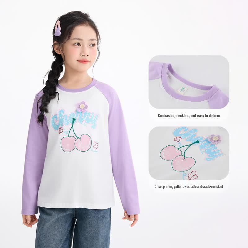 Girls' Pure Cotton Color-block Raglan Long-sleeve T-shirt