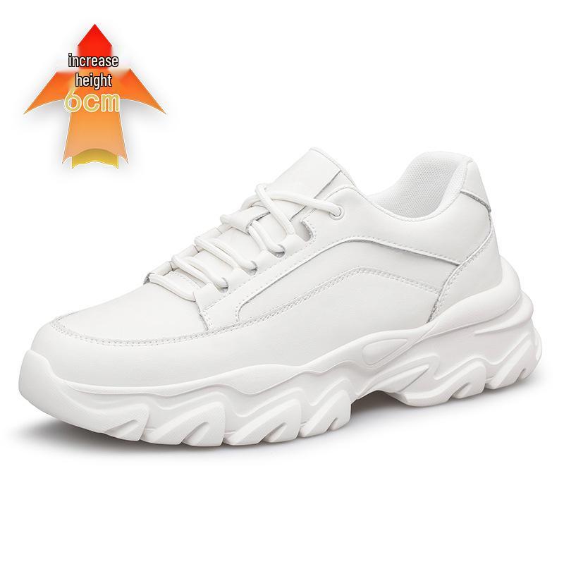 Men's Hidden Height Sports Casual Shoes - Spring Low-Top, Cowhide Upper, Thick Sole, White Running Board Shoes