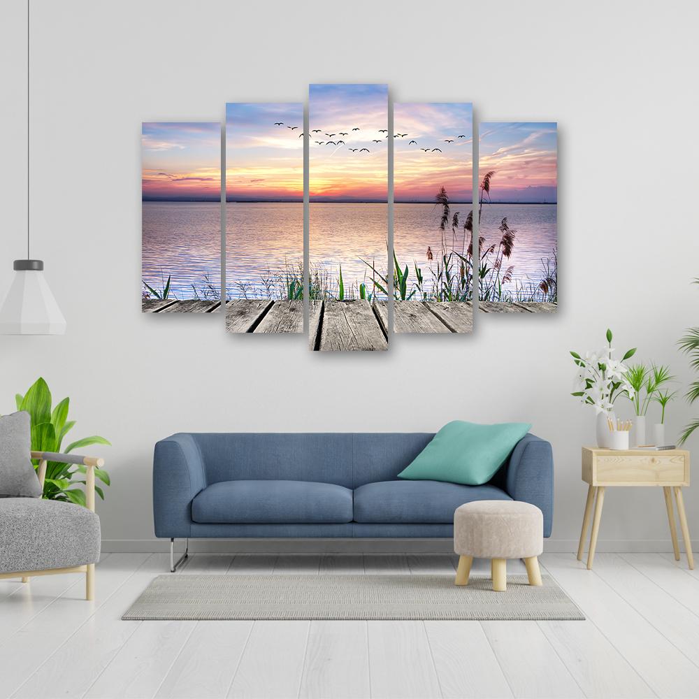 Five Piece Picture Canvas Print Footbridge Beach Sunset