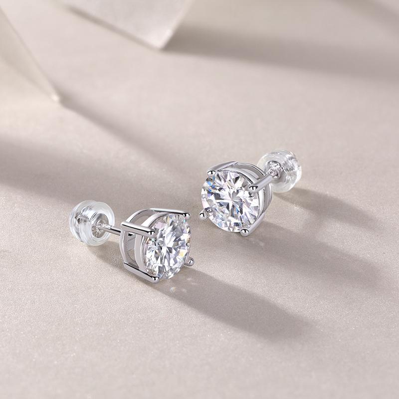 Rhodium Plated S925 Sterling Silver Round Cut 2CT Womens Moissanite Diamond Solitaire Stud Earring