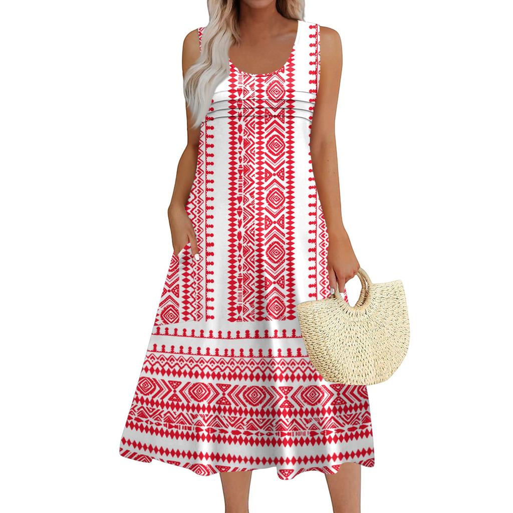 Women's Fashion Round Neck Sleeveless Pleated Beach Dress With Pockets Long Striped Printed Dresses