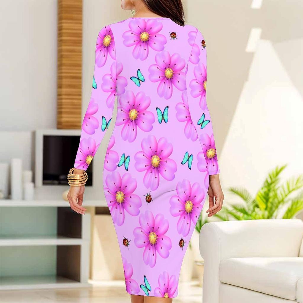 Plus Size Women Long Sleeve Round Neck Midi Dress Vibrant Butterfly Print Fitted Pencil Dress
