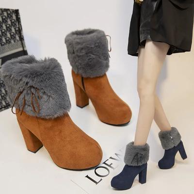 Europeand The United States Large Size Chunky High Heel Fashion Boots Autumn and Winter with Velvet Round Head Side Zipper Boots