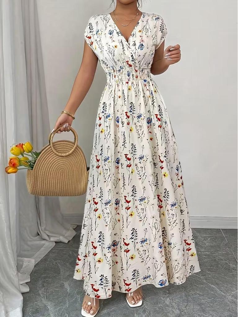 Europäisches & Amerikanisches V-Ausschnitt Schnür-Kurzarmkleid, Sommer Taillenbetonendes Langes Bedrucktes Modell für Damen