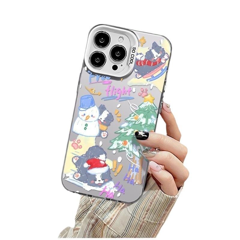 New Christmas puppy iPhone 16 Pro Max phone case, dual-layer colored silver, 14/13 inches, drop protection.