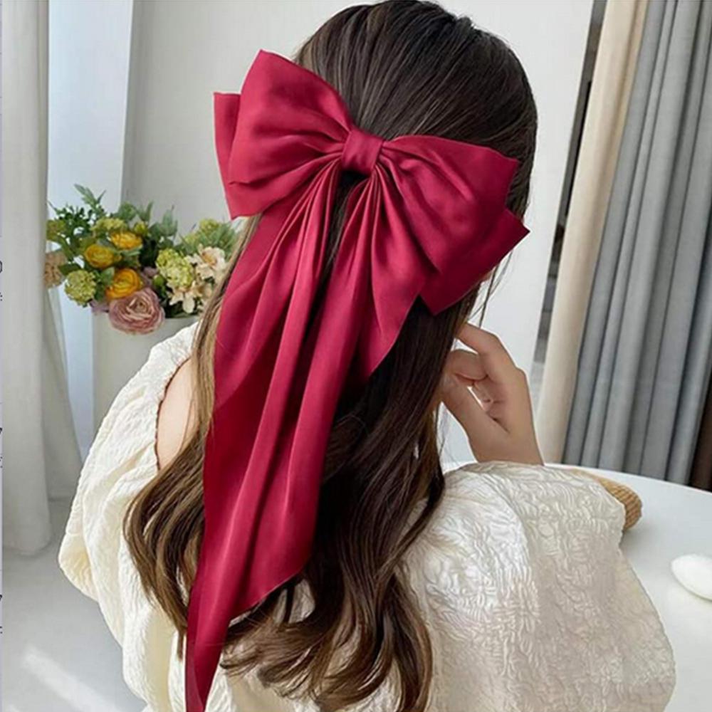 Women Bow Ribbon Hair Clip Fashion Simple Solid Satin Spring Clip Hair Pin Elegant Retro Headband Clips Girls Hair Accessories