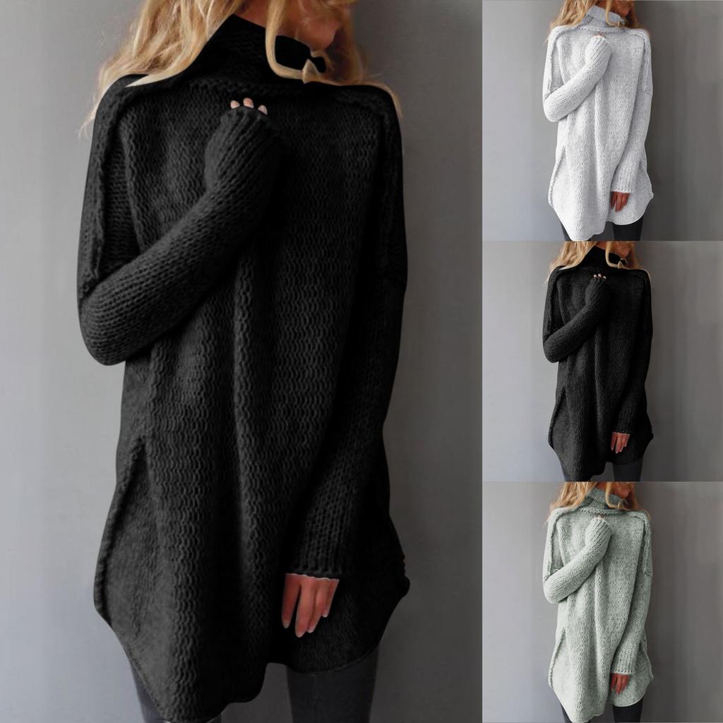 Kvinners løs langermet ensfarget pilehals varm strikket genser