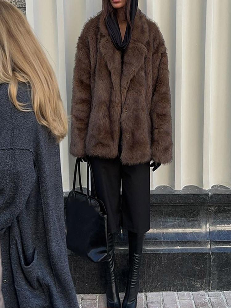 Solid Color Plush Lapel Faux Fur Coat - Comfortable, Warm Autumn/Winter Fashion