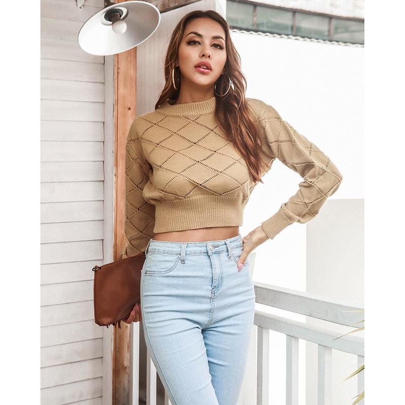 

Новые вязаные пуловеры женские осенне-зимние повседневные с длинным рукавом, ажурный свитер, кроп-топ L дубильная кора