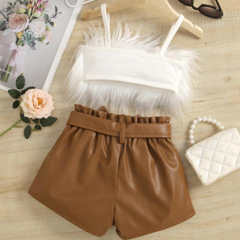 Girls Fashion Set Summer Kids Casual Furry Suspenders Solid Color Leather Pantsuit with Belt