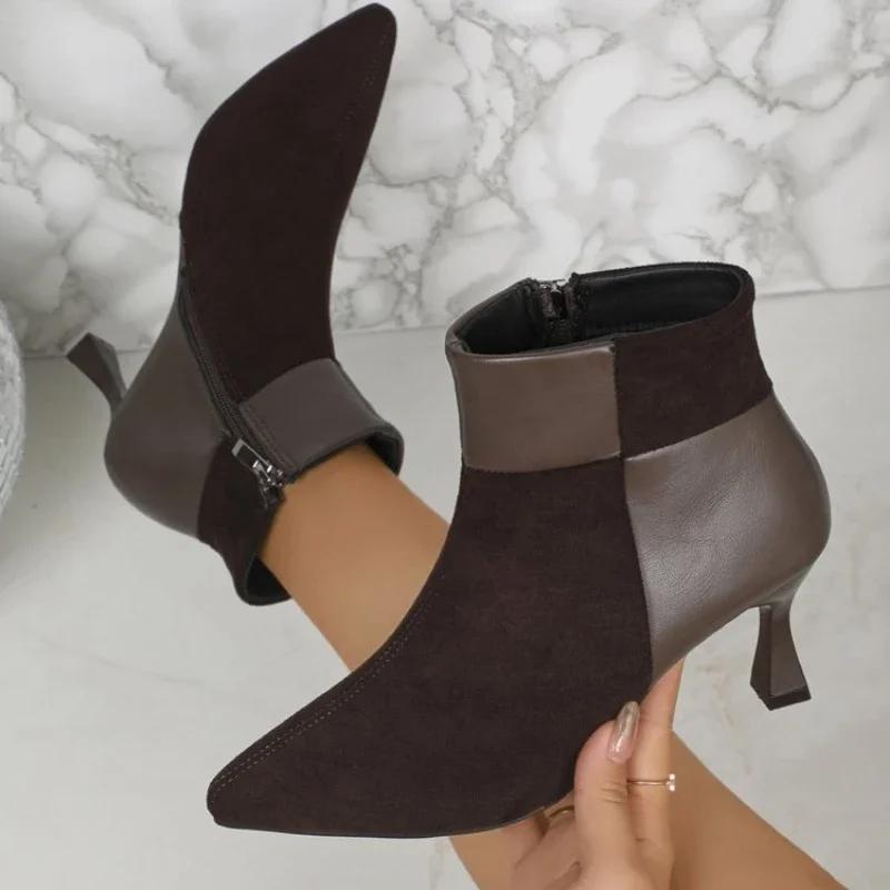 2024 Autumn High Heels Ankle Boots Plus Size Leopard Women Boots Retro Pointed Ladies Shoes Side Zipper Booties