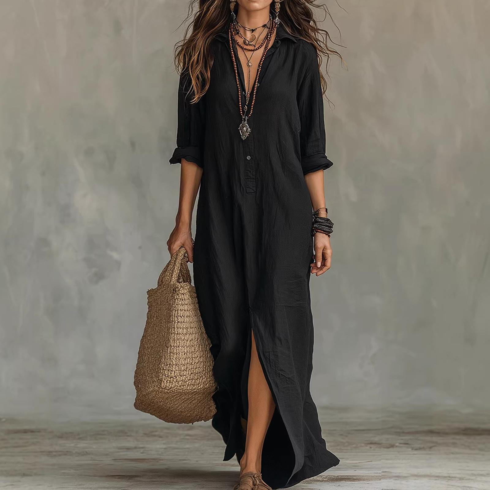 

Ladies Color Spring/summer Cross-border Casual Lapel Front Slit Long Skirt M чорний