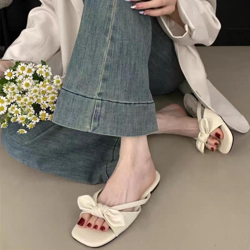Fashion Butterfly Knot Low Heel Slippers Summer New Square Head Open-toe Line with Soft Soles Anti-slip Wear-resistant Flat Shoes